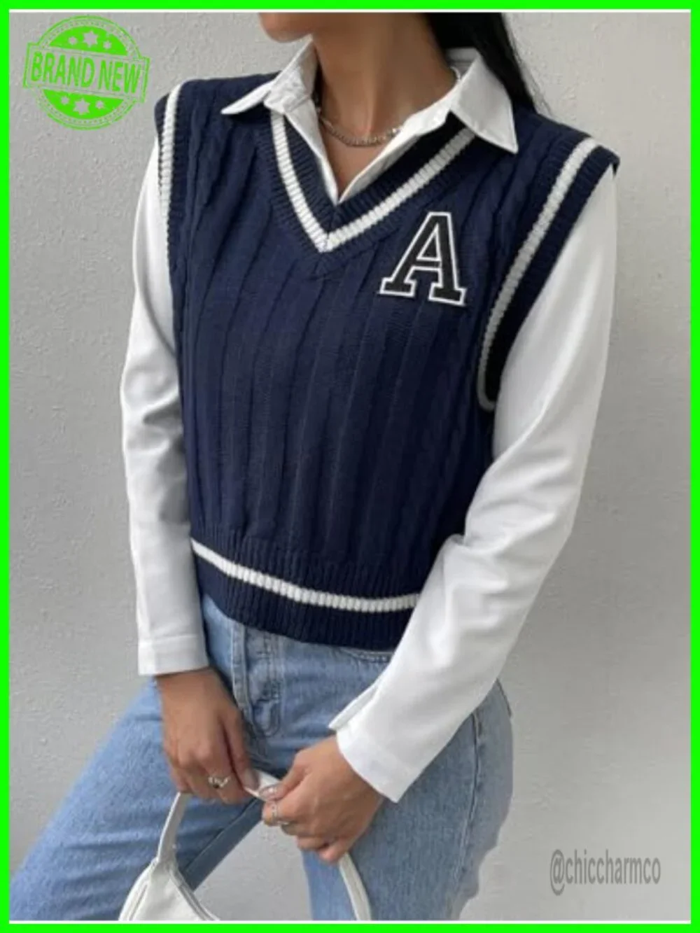 Sleeveless V-Neck Striped Trim Knit Sweater Vest Top